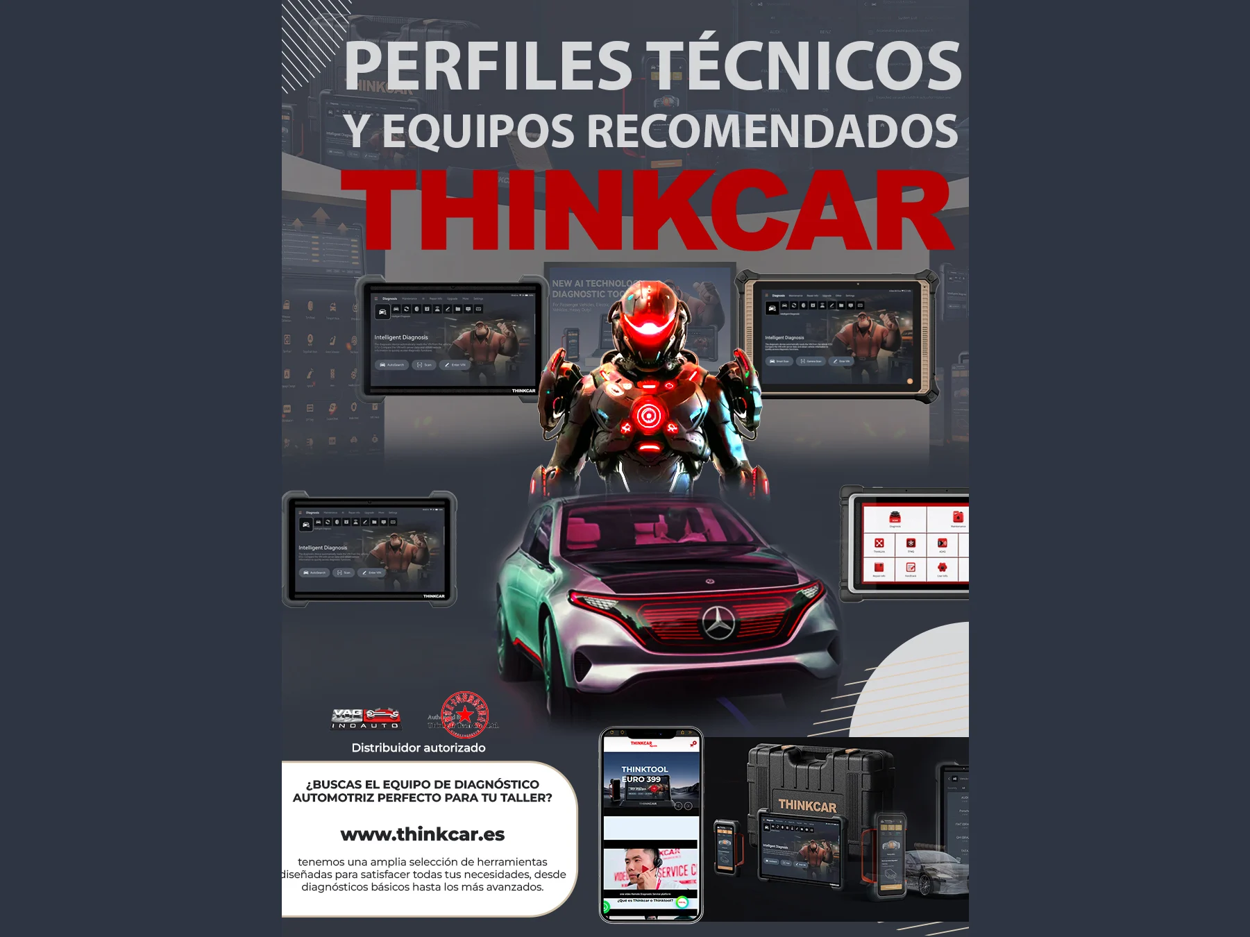 Cartel con un robot rojo, un coche, dispositivos de diagnóstico y "THINKCAR" en negrita sobre los expositores de automóviles, para destacar la formación estratégica en Terrassa.