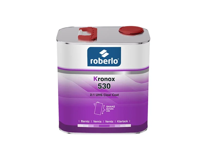 Lata metálica de Roberlo Kronox 530 2:1 barniz UHS alto brillo con etiqueta morada y tapón rojo, conocido por su facilidad de aplicación.