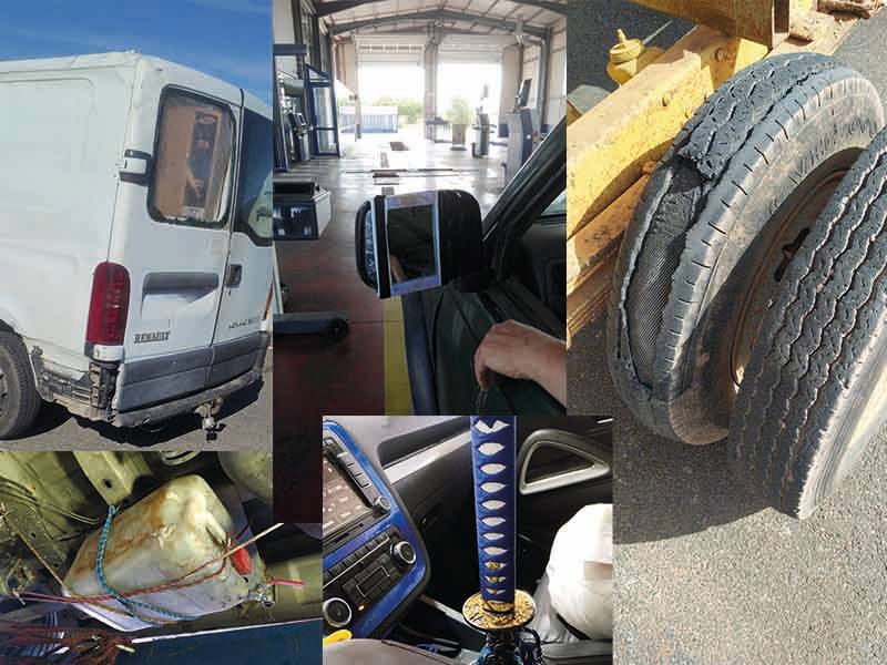 Collage que muestra una furgoneta averiada, un neumático desgastado, una espada en un coche, un coco y una escena en una gasolinera, capturando momentos como esbozados por un borrador automático.
