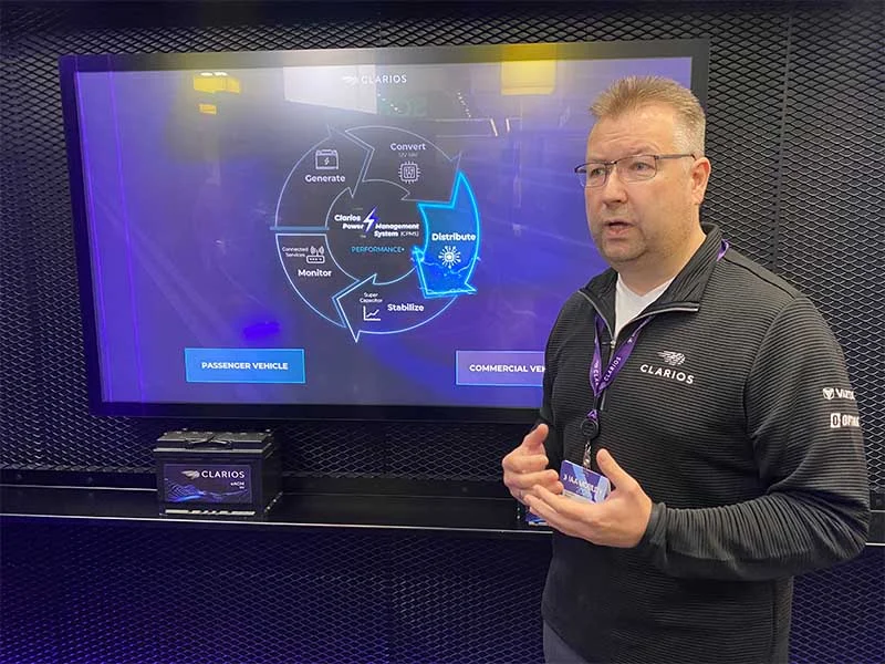 Un hombre hace una presentación delante de una pantalla que muestra un diagrama de gestión de la energía del vehículo, destacando la batería de competición Optima de CLARIOS en la IAA Mobility.