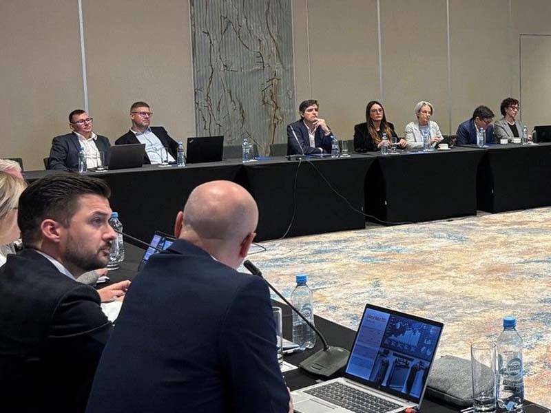 Alrededor de una mesa de conferencias, con ordenadores portátiles y botellas de agua, varias personas vestidas de negocios asisten a una reunión de accionistas de Global One Automotive.