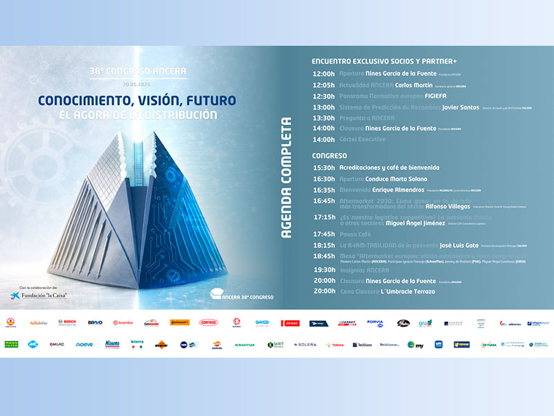 Agenda de una conferencia con diseño geométrico azul y programa de actos a la derecha.