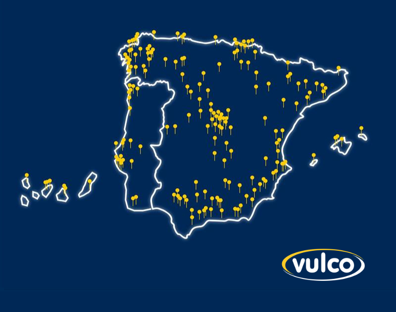 Mapa de España con marcadores amarillos de localización, destacando las nuevas aperturas como parte de la expansión Vulco, y el logotipo de Vulco en la esquina inferior derecha.