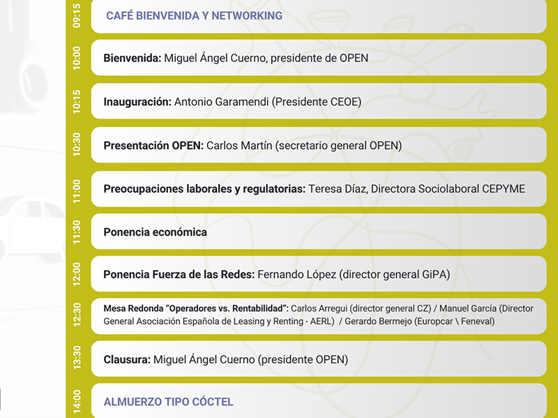 Programa del acto con los horarios y los nombres de los ponentes de cada sesión programada sobre fondo blanco y amarillo.