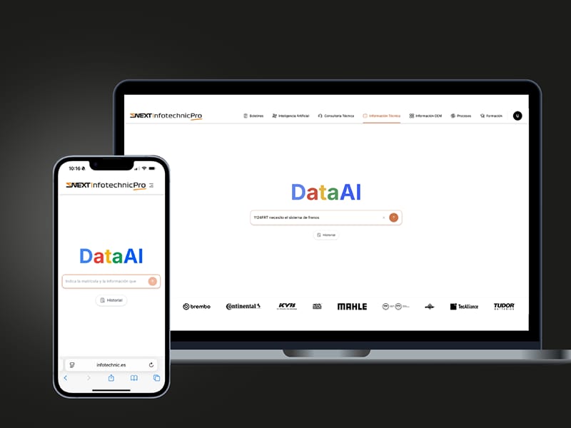 Un portátil y un smartphone muestran la página de búsqueda de DataAI, con fondo blanco y texto en color, perfecta para explorar temas de inteligencia artificial o preparar tu próximo taller.