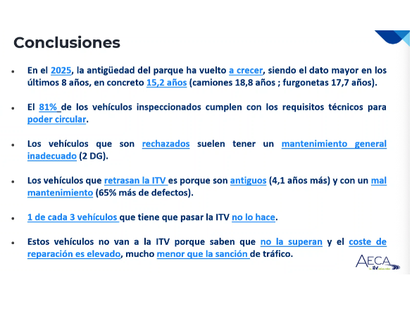 Diapositiva en la que se muestran las principales conclusiones sobre las inspecciones de vehículos en España, en la que se destaca el envejecimiento del parque automovilístico y los índices de incumplimiento en el mantenimiento, según ITV España.