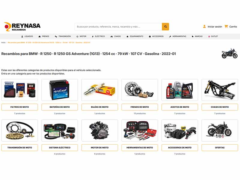 Página web en la plataforma B2B de Reynasa en la que se muestran las categorías de recambios para la moto BMW R1250, con iconos para filtros, frenos y mucho más.