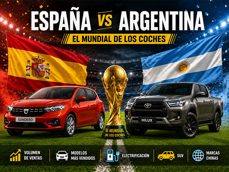 Un Sandero rojo con la bandera de España, una camioneta Hilux negra que representa a Argentina y un trofeo dorado en el centro: todo listo para un enfrentamiento épico en el Mundial de los coches.