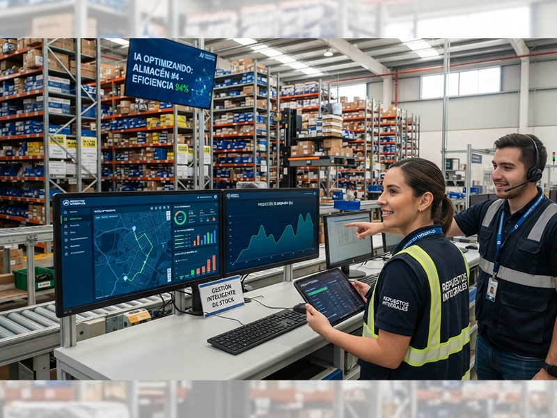 Dos trabajadores supervisan las existencias en las pantallas de un almacén mediante tabletas, rodeados de estanterías repletas de mercancía, asegurándose de que todo esté listo para Especial Distribución 2026.
