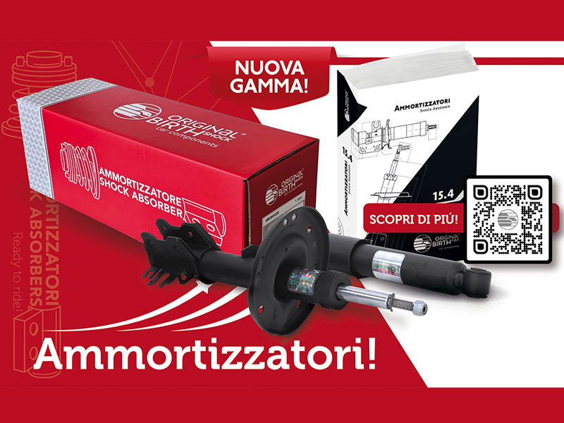 Caja y amortiguadores para coche con texto en italiano, código QR y manual del producto sobre un fondo rojo y blanco.