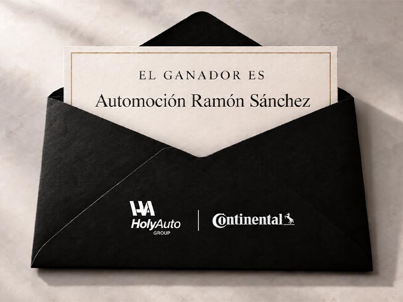 Sobre negro con una tarjeta en la que se lee: «El ganador es Automoción Ramón Sánchez». Borrador automático. Logotipos debajo: HolyAuto, Continental.