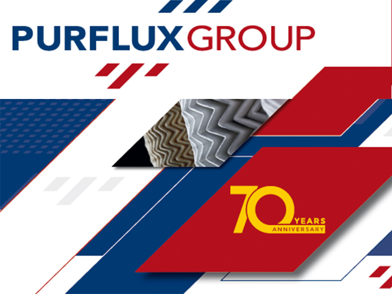 Imagen del 70.º aniversario del Grupo Purflux con motivos abstractos y elementos de diseño en rojo, azul y blanco, que celebra el legado del Grupo PURFLUX en Automechanika.