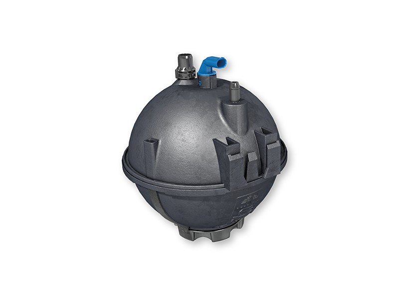 Depósito de expansión esférico negro para automóviles con dos orificios, un conector eléctrico azul y un borrador.